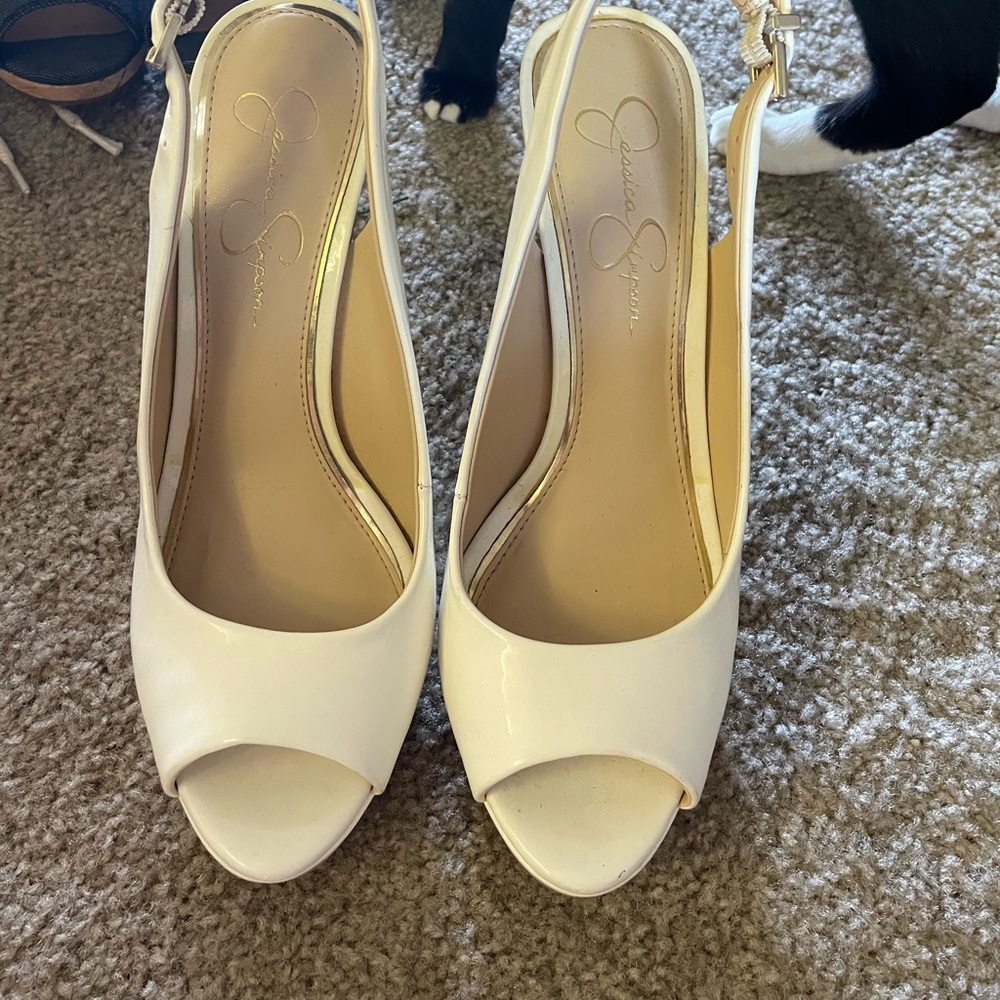 Jessica Simpson white platform heels